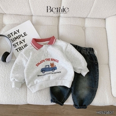 Set bộ polo dài tay cho bé trai áo polo nỉ họa tiết Enjoy the space kèm quần jean dài size 9 tới 28kg BERNIE H0525B37