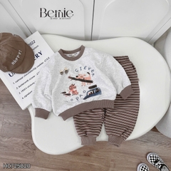Set bộ nỉ dài tay họa tiết hoạt hình Clever kèm quần dài kẻ ngang cho bé trai size 9 tới 28kg BERNIE H0725B20
