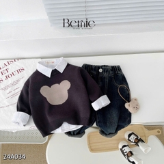 Áo len dài tay thêu phối màu hình mặt gấu dễ thương cho bé trai bé gái 1 đến 7 tuổi BERNIE 24A034