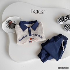 Set bộ bé trai áo thun polo cotton tay dài phối màu họa tiết ngựa kèm quần dài size 9 tới 28kg BERNIE H0825B31