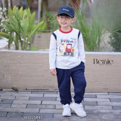 Set bộ dài tay cố áo và tay phối màu chất cotton họa tiết xe cẩu kèm quần dài size 9 tới 25kg BERNIE H1025B47