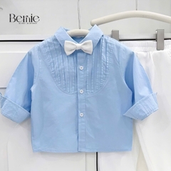 Set sơ mi dài tay màu xanh cho bé trai công tử có nơ mặc thôi nôi sinh nhật sự kiện 1 đến 7 tuổi BERNIE H1025B26Đ