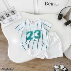 Set bộ thể thao tay ngắn họa tiết kẻ sọc số 23 cho bé trai kèm quần short size 9 tới 28kg BERNIE T1025B66Đ