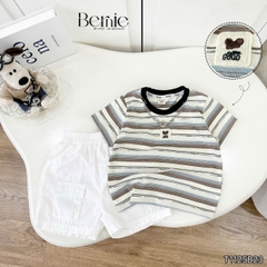  Set bộ kẻ ngang cho bé trai áo cotton tay ngắn đính tag kèm quần short kaki size 9kg tới 28kg BERNIE KIDS T1125B23