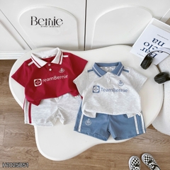 Set bộ polo tay ngắn cho bé trai áo thun polo cổ dệt hình in huy hiệu team Bernie và quần short size 9 tới 28kg H1025B51