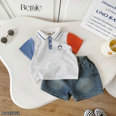 Set bộ polo tay ngắn họa tiết thêu Birthday Bernie cho bé trai kèm quần short jean size 9 tới 28kg BERNIE H1025B52