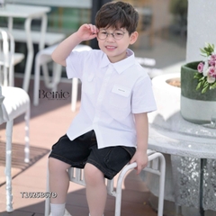 Set bộ tay ngắn cho bé trai áo sơ mi trắng kèm quần short jean phong cách Little Boss size 9 tới 28kg BERNIE T1025B67Đ 