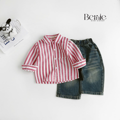 Áo sơ mi kẻ sọc dài tay phong cách STREET màu đỏ màu vàng màu xanh cho bé trai size 9kg tới 25kg BERNIE H1025B77Đ 