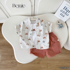  Set sơ mi 3 chi tiết áo tay ngắn họa tiết ô tô áo ba lỗ kèm quần short kaki cho bé trai 9 tới 28kg BERNIE T1125B16