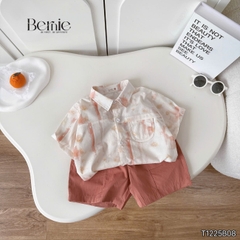 Set sơ mi cho bé trai áo tay ngắn họa tiết loang kèm quần short cho bé trai size 11 tới 28kg BERNIE T1225B08