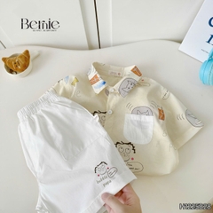 Set bộ sơ mi bé trai đi chơi đi biển áo tay ngắn họa tiết Papa Cat kèm quần short 11 tới 28kg BERNIE H1225B28