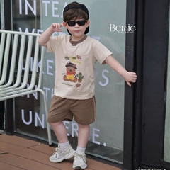 Set bộ tay ngắn họa tiết Gấu cao bồi và quần short đi chơi đi biển cho bé trai size 9 tới 25kg BERNIE H1125B38