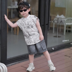 Set bộ sơ mi áo tanktop họa tiết graphic Secret cho bé trai kèm quần short jean 9kg đến 28kg BERNIE H1225B31