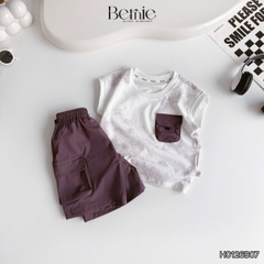 Set bộ tanktop áo thun họa tiết loang phối túi năng động kèm quần short gió mềm cho bé trai size 9 đến 28kg BERNIE H0126B07