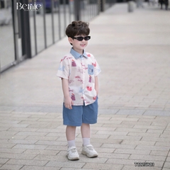 Set bộ đi chơi tay ngắn áo sơ mi họa tiết in tràn Idol cho bé trai kèm quần short denim size 11 đến 28kg BERNIE T1255B13
