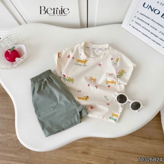Set bộ tay ngắn cotton cho bé trai họa tiết in trần Puppy Good day kèm quần short size 9 tới 25kg BERNIE T0326B24
