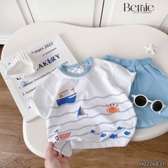 Set bộ ngắn tay đi chơi đi biển họa tiết Đại Hải Trình kèm quần short cho bé trai size 9 tới 25kg BERNIE H0226B31