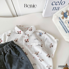  Set sơ mi 3 chi tiết áo tay ngắn họa tiết in tràn Cún áo ba lỗ kèm quần short kaki cho bé trai 9 tới 28kg BERNIE H1225B38