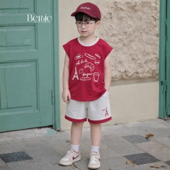 Set bộ cho bé trai áo tanktop họa tiết Bonjour phối màu kèm quần short size 9 tới 28kg BERNIE H0226B29