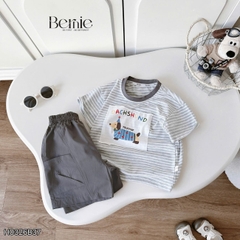 Set bộ bé trai áo thun tay ngắn họa tiết kẻ ngang Sausage Dog kèm quần short kaki cho bé trai size 9 đến 28kg BERNIE H0326B37