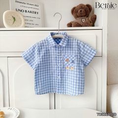 Áo sơ mi caro xannh ngắn tay kèm áo ba lỗ ô tô cho bé trai đi chơi đi biển mặc nhà size 9 tới 27kg BERNIE T0326A01Đ