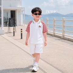 Set polo thêu ngựa áo tay ngắn raplang kẻ sọc kèm quần short kaki cho bé trai size 11 đến 28kg BERNIE H0226B35