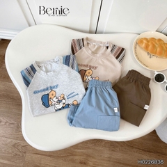 Set tay ngắn áo raplang họa tiết kẻ Good boy kèm quần short kaki cho bé trai size 9 đến 28kg BERNIE H0226B36
