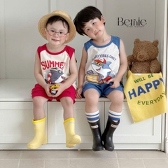 Set bộ ba lỗ áo thun phối màu họa tiết Baby Shark kèm quần short cho bé trai đi chơi đi biển size 1 tới 7 tuổi BERNIE H0326B34