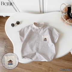 Set bộ sơ mi nâu gấu Lucky áo cổ trụ tay ngắn caro kèm quần short cho bé trai từ 11 đến 28kg BERNIE H0326B05