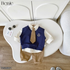 Set bộ 4CT áo sơ mi tay dài áo gi lê rời thêu phù hiệu kèm cà vạt và quần kaki size 1 đến 7 tuổi BERNIE T0526B71