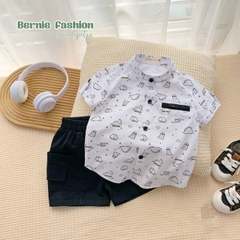Set đồ bộ sơ mi tơ đũi ngắn tay cho bé trai đi biển đi chơi áo họa tiết hoa lá cây dừa nổi bật kèm quần BERNIE