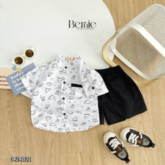 Set đồ bộ sơ mi tơ đũi ngắn tay cho bé trai đi biển đi chơi áo họa tiết hoa lá cây dừa nổi bật kèm quần BERNIE
