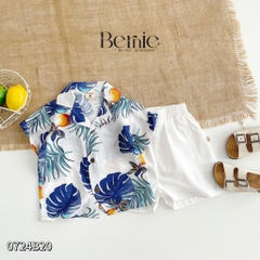 Set sơ mi tơ đũi cho bé trai đi biển đi chơi áo họa tiết hoa lá cây dừa nổi bật kèm quần ngắn BERNIE