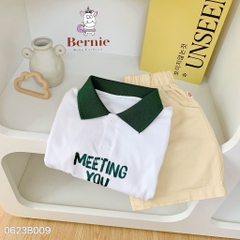 Set đồ bộ thun ngắn tay bé trai polo hàn quốc gồm áo phông màu trắng Meeting you quần thô mềm 1 đến 7 tuổi BERNIE