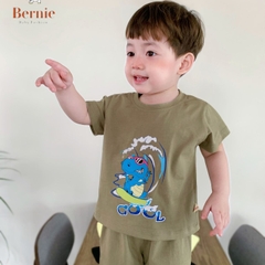 Set đồ bộ ngắn tay khủng long cho bé trai BERNIE thun cotton màu trơn basic 9 đến 25kg Vải Cotton Heo