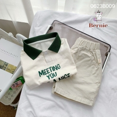 Set đồ bộ thun ngắn tay bé trai polo hàn quốc gồm áo phông màu trắng Meeting you quần thô mềm 1 đến 7 tuổi BERNIE