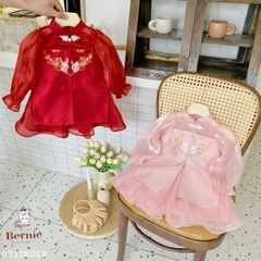 Áo dài tết chân váy cách tân bé trai bé gái BERNIE kids phối viền thêu thỏ 1 đến 7 tuổi 0823B009