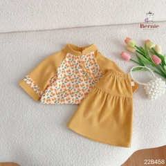 Áo dài tết cách tân bé gái nhung tăm hoa nhí BERNIE màu hồng vàng bé 8 đến 23 kg