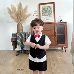 Bộ quần áo vest set sơ mi công tử bé trai đính nơ rời kèm quần short ngắn mặc sinh nhật đi chơi đi tiệc 1 đến 7 tuổi BERNIE