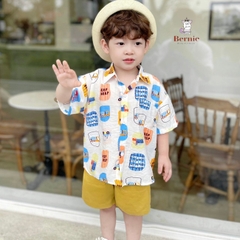 Set sơ mi tơ đũi cho bé trai đi biển đi chơi áo họa tiết hoa lá cây dừa nổi bật kèm quần BERNIE