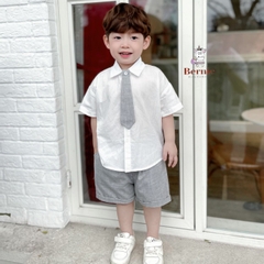 Set sơ mi trắng đồng phục đôi cho bé trai bé gái kèm cà vạt quần kaki ngắn đi học đi tiệc 1 đến 7t BERNIE 0124b32