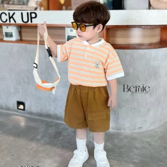 Set bộ thun ngắn tay kẻ thể thao cho bé trai in tennis kèm quần short kaki đắp túi 1 đến 7 tuổi BERNIE 0424B36
