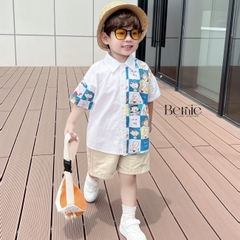 Set sơ mi họa tiết hoạt hình cho bé trai kèm quần short kaki ngắn đi chơi đi học 1 đến 7t BERNIE 0324B11
