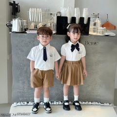 Set đồ sơ mi ngắn tay đồng phục đôi cho bé trai bé gái kèm cà vạt nơ đi học đi chơi 11 tới 28kg BERNIE 0724B41G