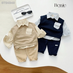 Set gilê kẻ 3 chi tiết áo sơ mi dài tay áo gi lê quần kaki cho né trai 1 đến 7 tuổi BERNIE 0724B40