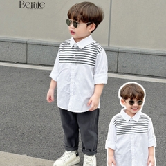 Set bộ sơ mi trắng dài tay phối kẻ kèm quần kaki dài cho bé trai 1 đến 7 tuổi BERNIE 0724B14