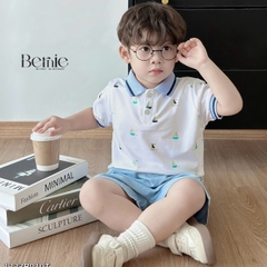 Set đồ thun bé trai polo áo ngắn phông màu trắng quần kaki mềm họa tiết thuyền 1 đến 7 tuổi BERNIE 1223B010T