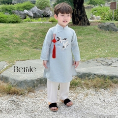 Áo dài cách tân bé trai mặc tết chất tafta thêu hạc màu xanh màu đỏ size 10 đến 25kg BERNIE 0824B37