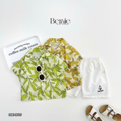 Set sơ mi đũi unisex bé trai bé gái đi biển họa tiết đi biển lá nổi bật size 1 đến 7 tuổi BERNIE 0124B39