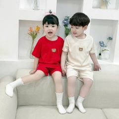 Đồ bộ unisex tay ngắn chất thun tăm cho bé trai bé gái họa tiết thêu gấu size từ 9 đến 24kg BERNIE H0125B14